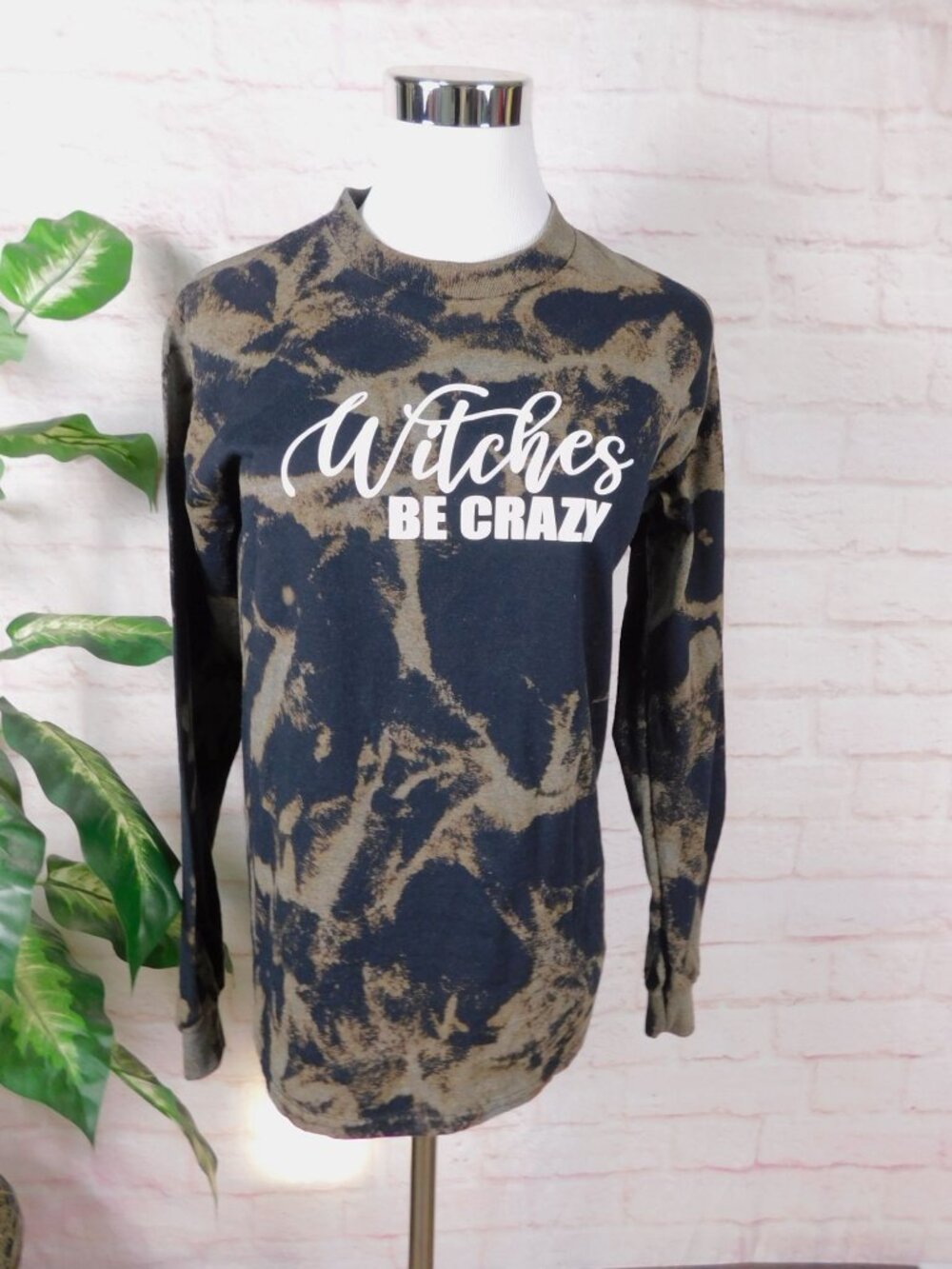 Witches Be Crazy Bleached Tie-Dye Long Sleeve Shirt Small Gildan DryBlend Black